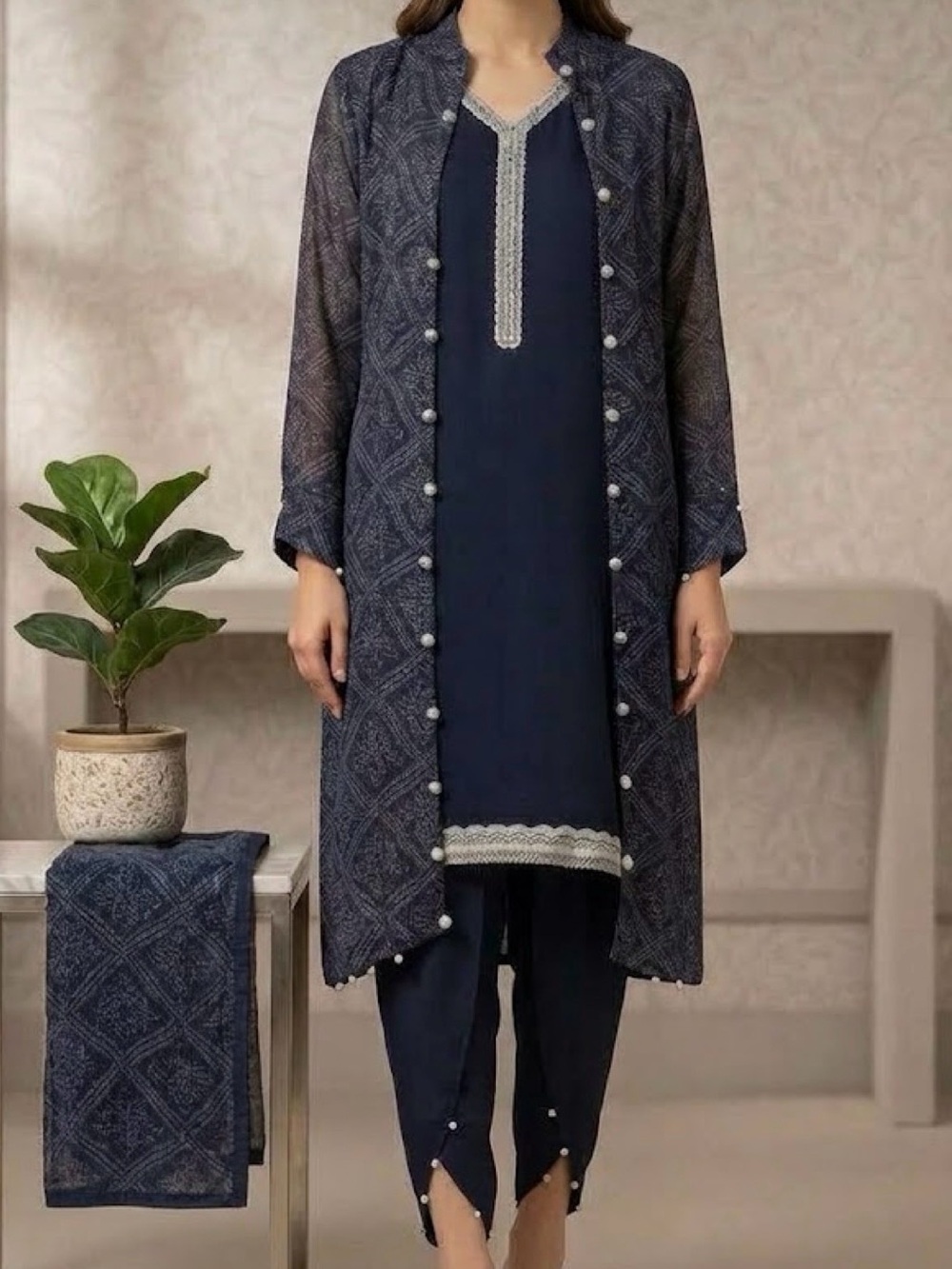 Navy Blue kurta bandhani print jacket style tulip pants, duppatta silver trim
S